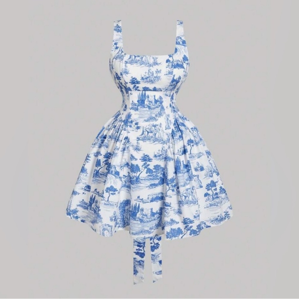 SHEIN White and Blue Patterned Mini Dress